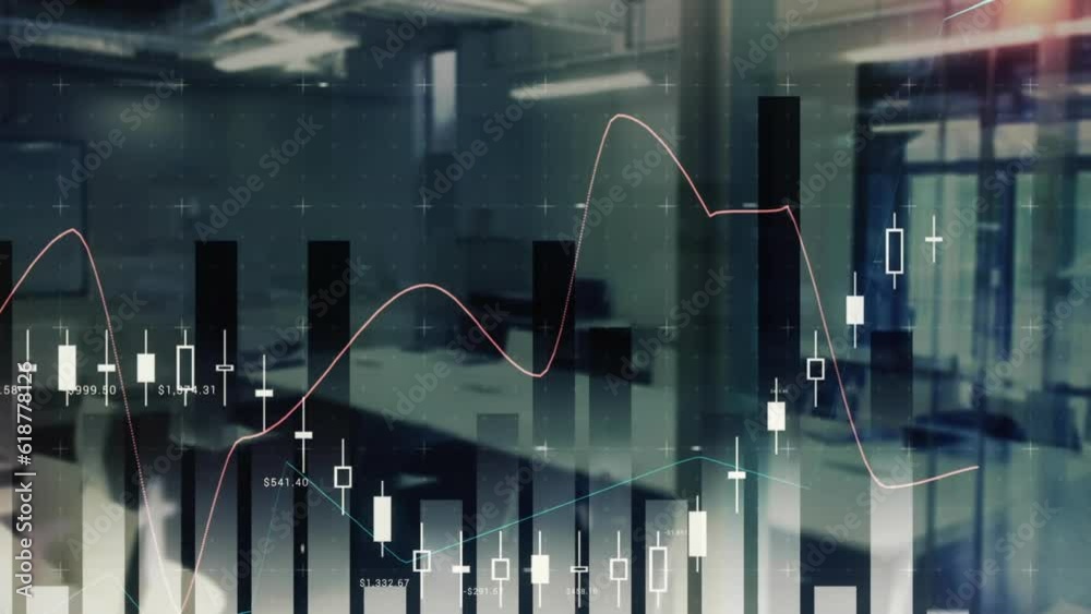 Poster animation of statistical data processing against empty office