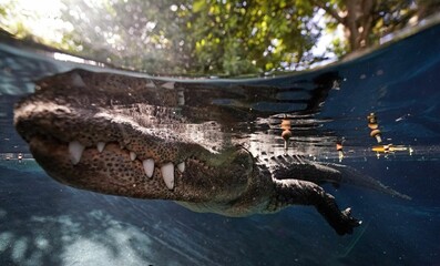 Closeup of a scary crocodile swimming on the surface of a water