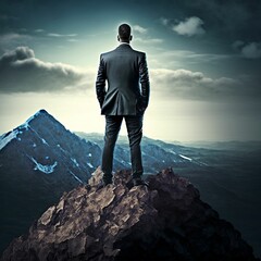 man in business suit on a mountaintop looking at the mountains