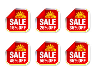 Fototapeta na wymiar Summer sale red stickers set 15%, 25%, 35%, 45%, 55%, 65% off discount