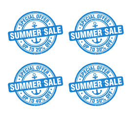 Summer sale blue grunge stamp set. Special offer up to 25, 35, 45, 55 percent off