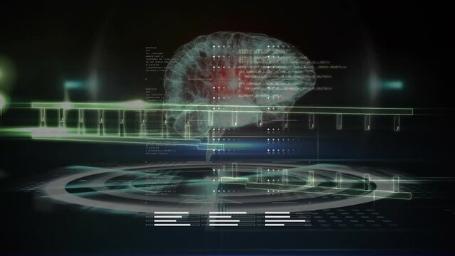 Animation of data processing over spinning human brain icon and dna structure on black background