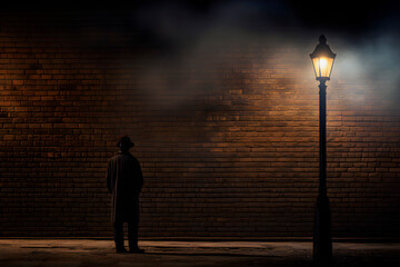Man in front of brick wall at night illuminated by a street lamp. AI Generative.