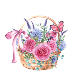 Watercolor card with a basket of flowers and a butterfly