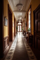 Fototapeta na wymiar Interior of an old hotel corridor with wooden doors and windows. Colonial, country style. created with Generative AI