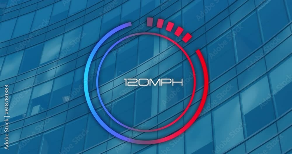 Poster animation of speedometer data processing against view of tall building