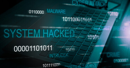 Futuristic banner with system hacked alert. Compromised information concept. Internet virus cyber security and cybercrime.