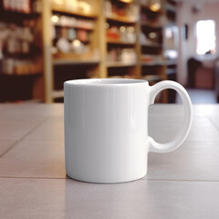 Fototapeta premium plain white mug mockup with a table. Generative AI. 