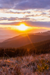 landscape in the mountains, sunset, silhouettes of peaks, Montenegrin mountain range, Carpathians,...