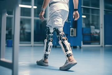 Person in with bionic legs prosthesis in hospital