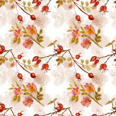 Seamless pattern with watercolor rosehips berries and flowers