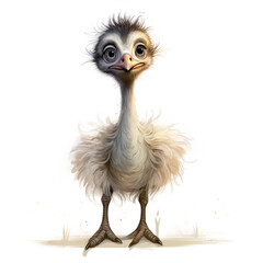 Cute little ostrich baby bird cartoon comic drawing character isolated on white background generative AI illustration. Lovely baby animals concept - obrazy, fototapety, plakaty