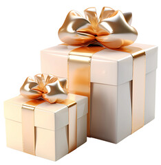 Two powdery gift boxes with gold bows and gold ribbons. Beautiful gifts. Isolated on transparent background. KI.