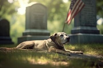 Dog lies on the grass near memorial headstone for a deceased soldier on a war - obrazy, fototapety, plakaty