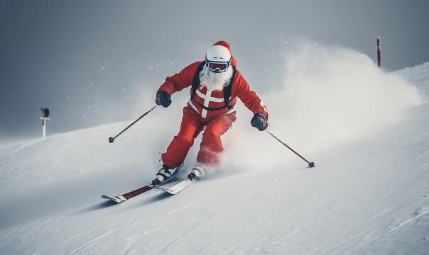 Santa's Rush: Jolly Santa Claus Skiing on Snow in a Red Suit. Not real person. Generative AI