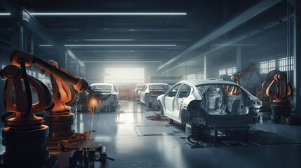 Efficient Automation: Robots on Car Assembly Line in a Thriving Factory. Generative AI