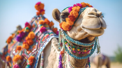 Portrait of camel wearing multicolored bead necklace. camel dressed in traditional, festive, flower-decorated ammunition. - obrazy, fototapety, plakaty