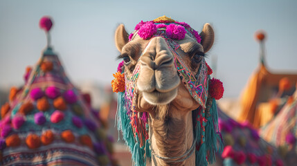 Portrait of camel wearing multicolored bead necklace. camel dressed in traditional, festive, flower-decorated ammunition.