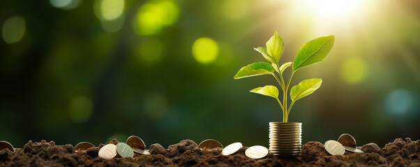 Fototapeta na wymiar Idea of renewable energy and energy saving. Energy saving light bulb and tree growing on stacks of coins on nature background. Saving, accounting and financial concept