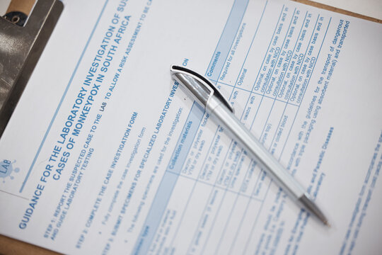 Monkeypox test, laboratory research and paper for medical information for inspection, investigation or compliance. Contract, NDA or survey for study, virus or bacteria in pharma industry for health