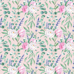 Seamless watercolor pattern with white and pink peonies, eucalyptus and lavender branches on pink background. Can be used for wedding prints, gift wrapping paper, kitchen textile and fabric prints.