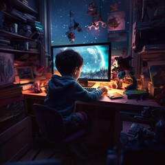 Fototapeta na wymiar Back view of a boy playing video games in his gamer room. Generative AI.