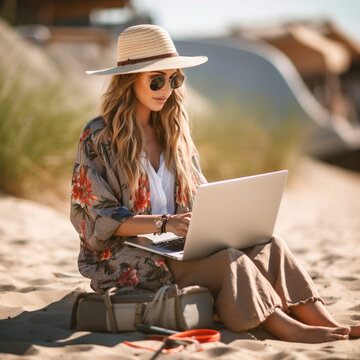Woman working with computer on the beach. Generative AI.