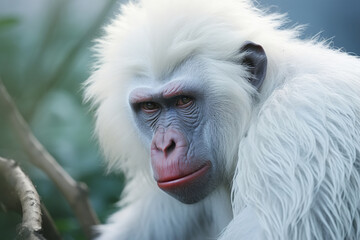 Albino monkey. Portrait of a rare animal primate outdoors