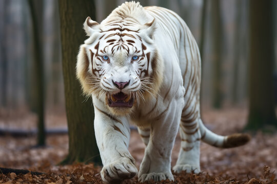 Albino tiger with white fur in the forest. Portrait of a rare exotic animal dangerous predator in nature