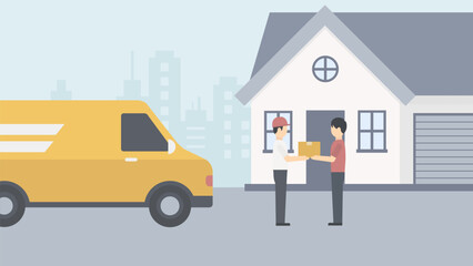 Unpacking order vector. Delivery home concept. The customer receives a parcel from a courier. 