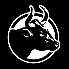 Cow silhouette, round shape logo on a dark background. Vector illustration.