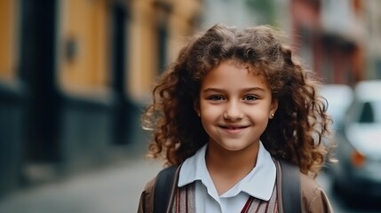 Portrait of a schoolgirl. Happy smiling schoolgirl went to school. Kid went to school. Created with Generative AI technology.
