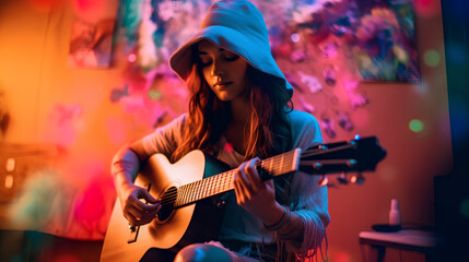 Obraz premium Young girl Playing Guitar in Lit Room