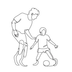 Continuous drawing line art disabled person on prostheses. Human disability runs.  A man with two amputated legs on prostheses teaches a child with prostheses to play soccer.