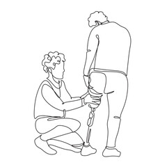 A continuous line art drawing of disabled persons on prostheses. The doctor helped to put a prosthesis on the amputated leg.  Single-line graphic design vector