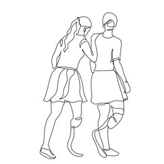 Fototapeta na wymiar A continuous line art drawing disabled girls help each other. Disabled people. Vector stock illustration.