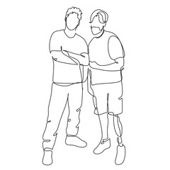 A continuous line art drawing a disabled man with an amputated foot on prostheses. Support and friendship between disabled people. Vector stock illustration.