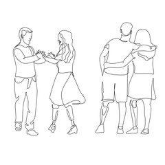 Continuous one line man and woman hold hands, a man and woman has a prosthetic leg. Disabled people. Vector stock illustration.