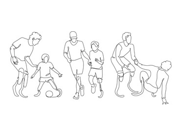 Continuous one line drawing disabled person on prostheses. Disabled sportswoman with amputated foot. Disabled sport, championship, game.  Single line graphic design vector