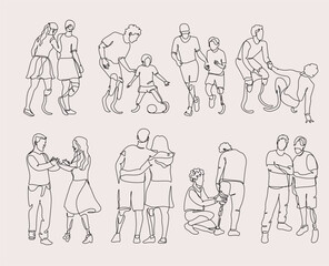 Continuous one-line drawing of disabled people on prostheses. Parents with kids. Man's friendship. Woman's support. Disabled sport, championship, game. Single-line graphic design vector