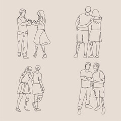 Fototapeta na wymiar Continuous one-line drawing of disabled people on prostheses. Parents with kids. Man's friendship. Woman's support. Disabled sport, championship, game. Single-line graphic design vector