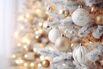 Christmas tree with sparkling golden and white ornaments on a blurred background.