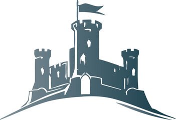  Iconic vector logo featuring a symbolic image of a castle made of stone from the medieval times - obrazy, fototapety, plakaty