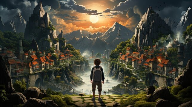 journey of a young boy in a fantasy world, illustration, background
