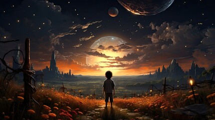 Obraz premium journey of a young boy in a fantasy world, illustration, background