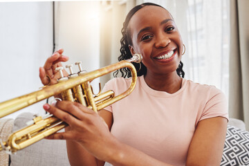 Music, portrait and woman in home with trumpet, smile and band practice for orchestra concert in...