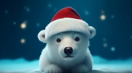 Beautiful funny polar bear in Santas hat. Generative AI