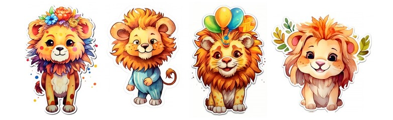 Fototapeta premium A set of illustrations in a watercolor style for the design of invitation cards for a children's birthday on the theme of Leo party: with a cake, with a gift box, happy flowers, AI generated
