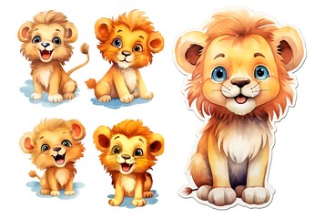 A set of illustrations in a watercolor style for the design of invitation cards for a children's birthday on the theme of Leo party happy, AI generated