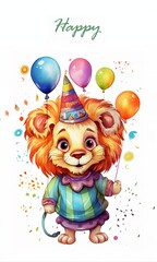 Naklejka premium A set of illustrations in a watercolor style for the design of invitation cards for a children's birthday on the theme of Leo party: with a balloon, happy, AI generated